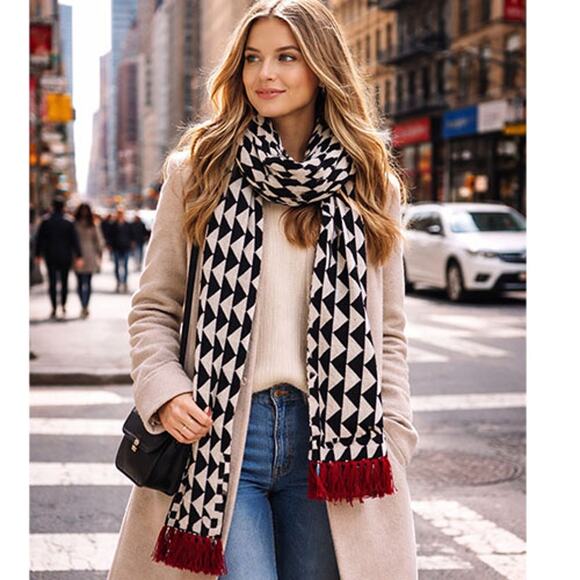 NWT Carolina K Wool Flat Weave Style Red Tassels Triangle Scarf Black - Picture 6 of 6